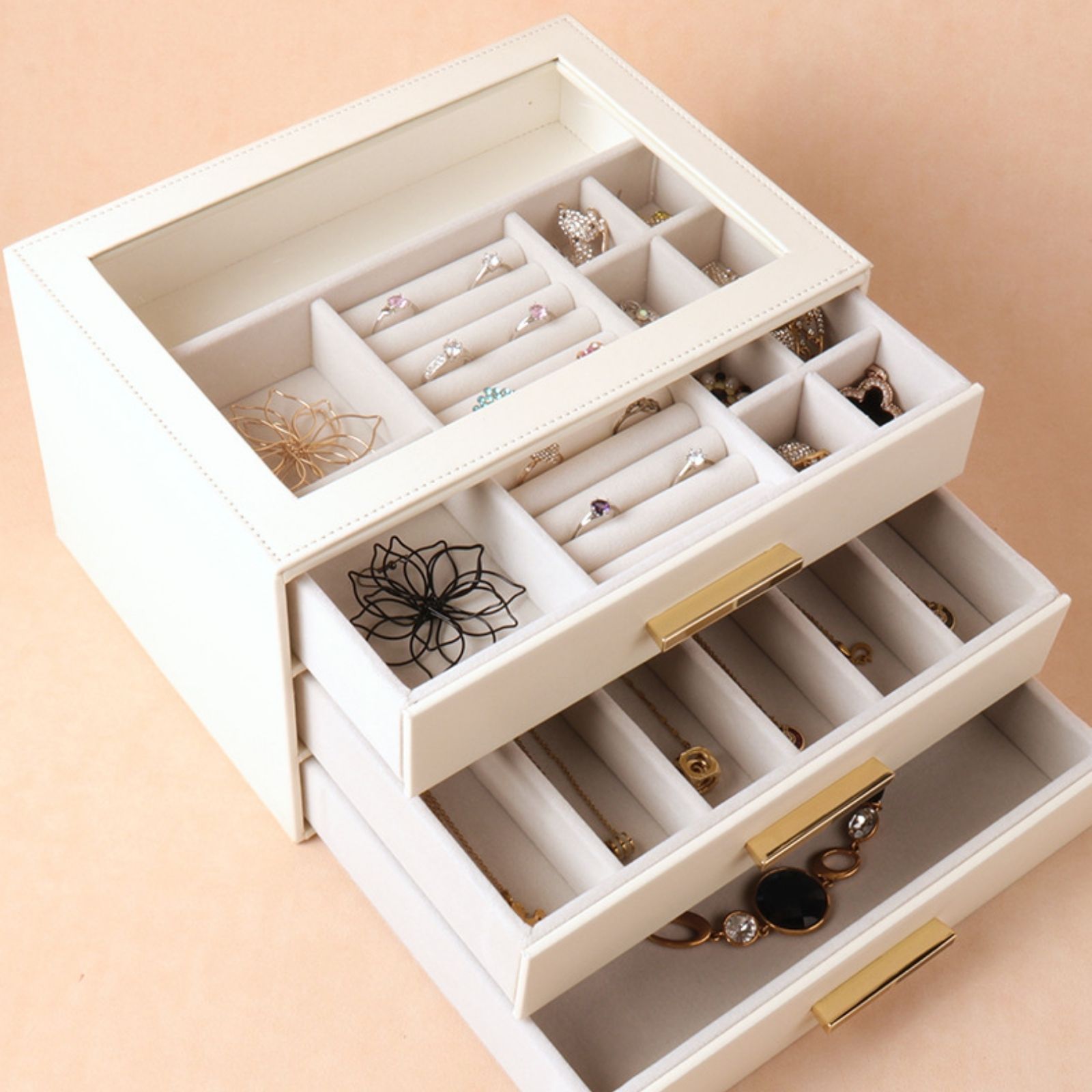 PU Leather Jewellery 3 Level Storage Box Drawer Organiser Gift - Image 3