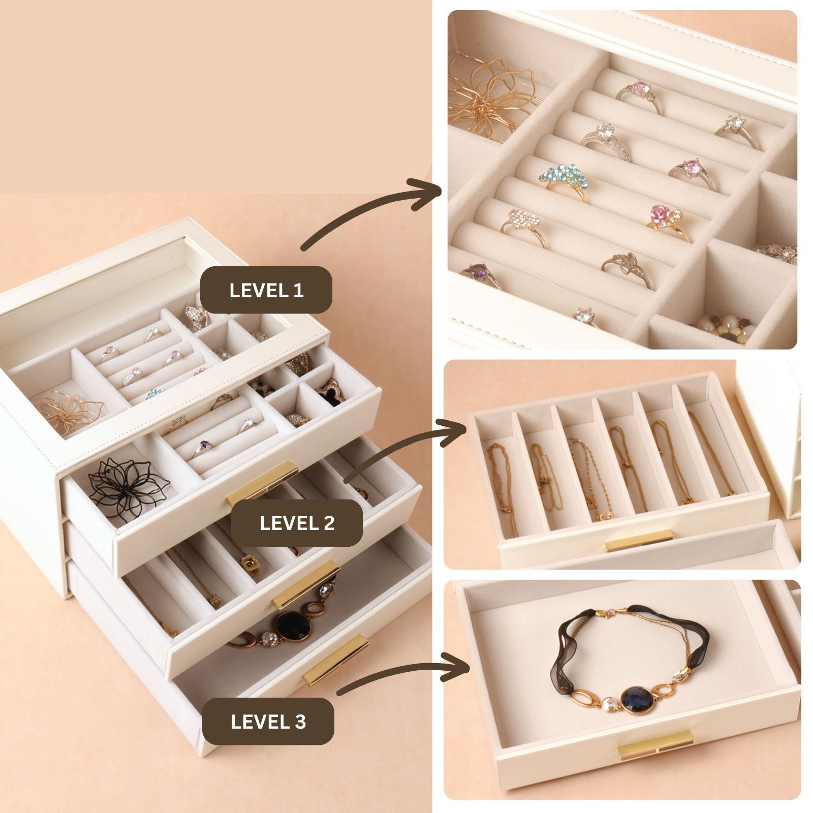 PU Leather Jewellery 3 Level Storage Box Drawer Organiser Gift - Image 4