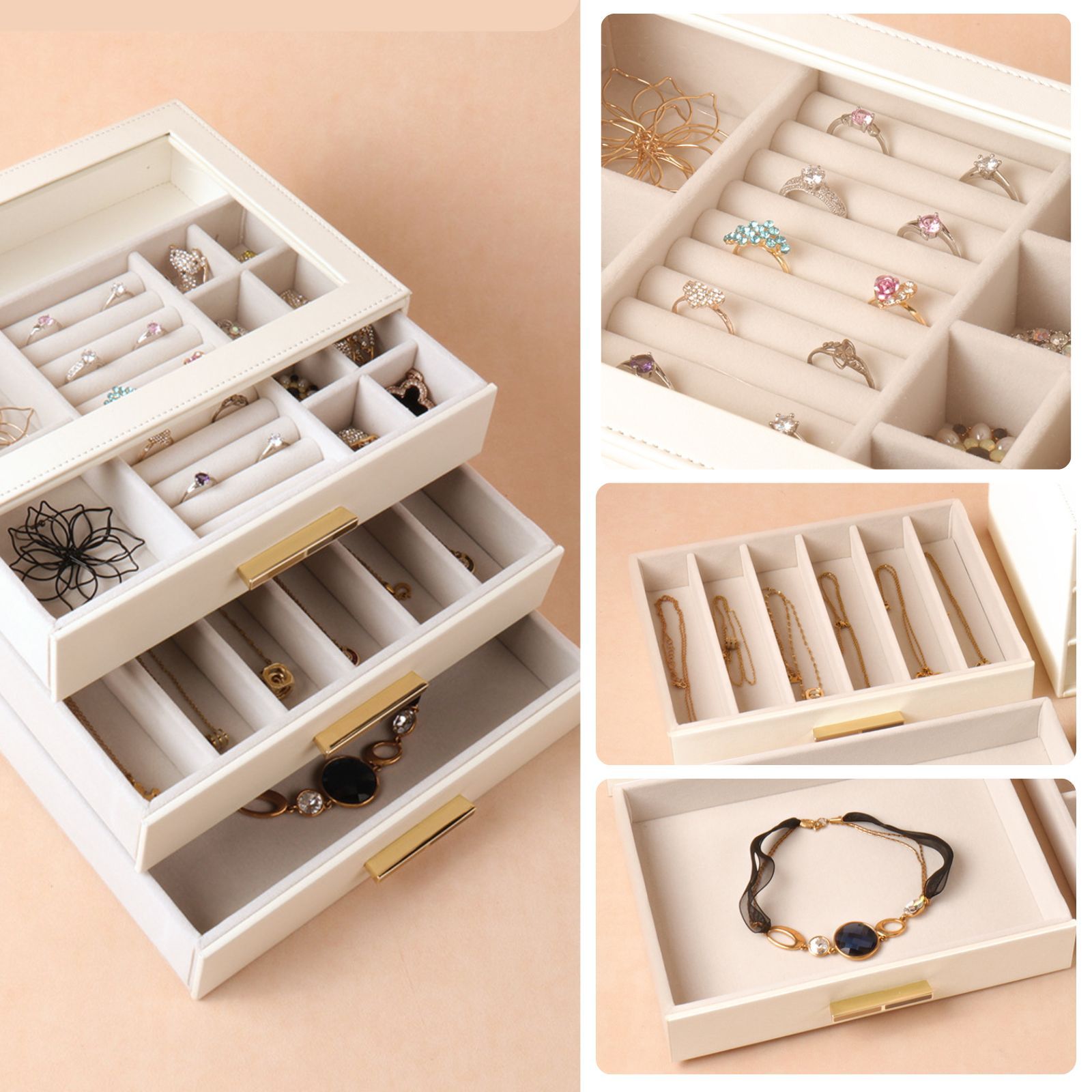 PU Leather Jewellery 3 Level Storage Box Drawer Organiser Gift - Image 5