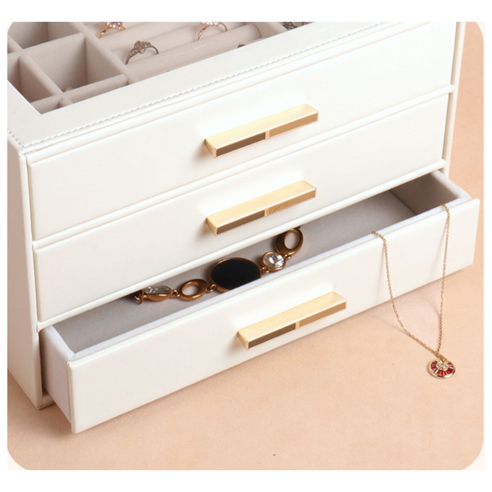 PU Leather Jewellery 3 Level Storage Box Drawer Organiser Gift - Image 6