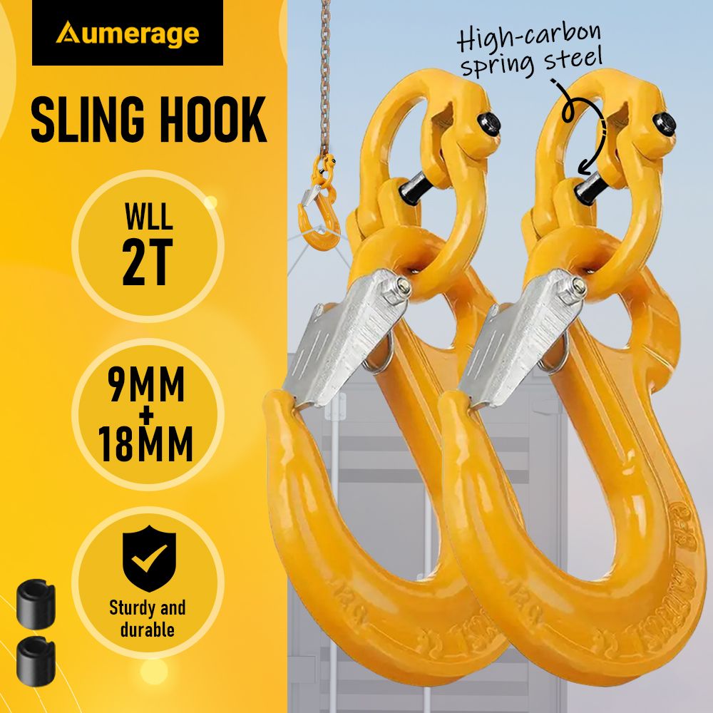 2SETS 2T Sling Hook With Hammerlock Heavy Duty Safety Latch Swivel Winch Hook For Trailer Safety Chain-Yellow - Image 1