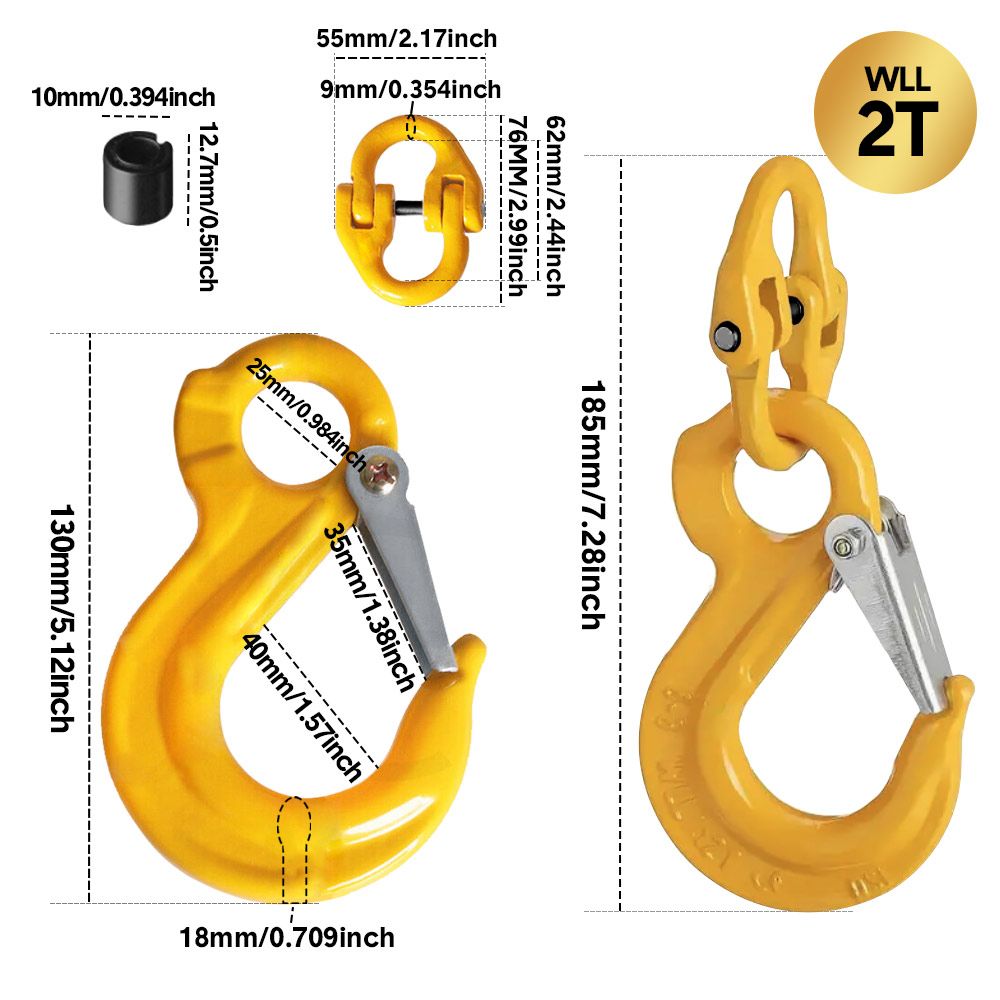 2SETS 2T Sling Hook With Hammerlock Heavy Duty Safety Latch Swivel Winch Hook For Trailer Safety Chain-Yellow - Image 3