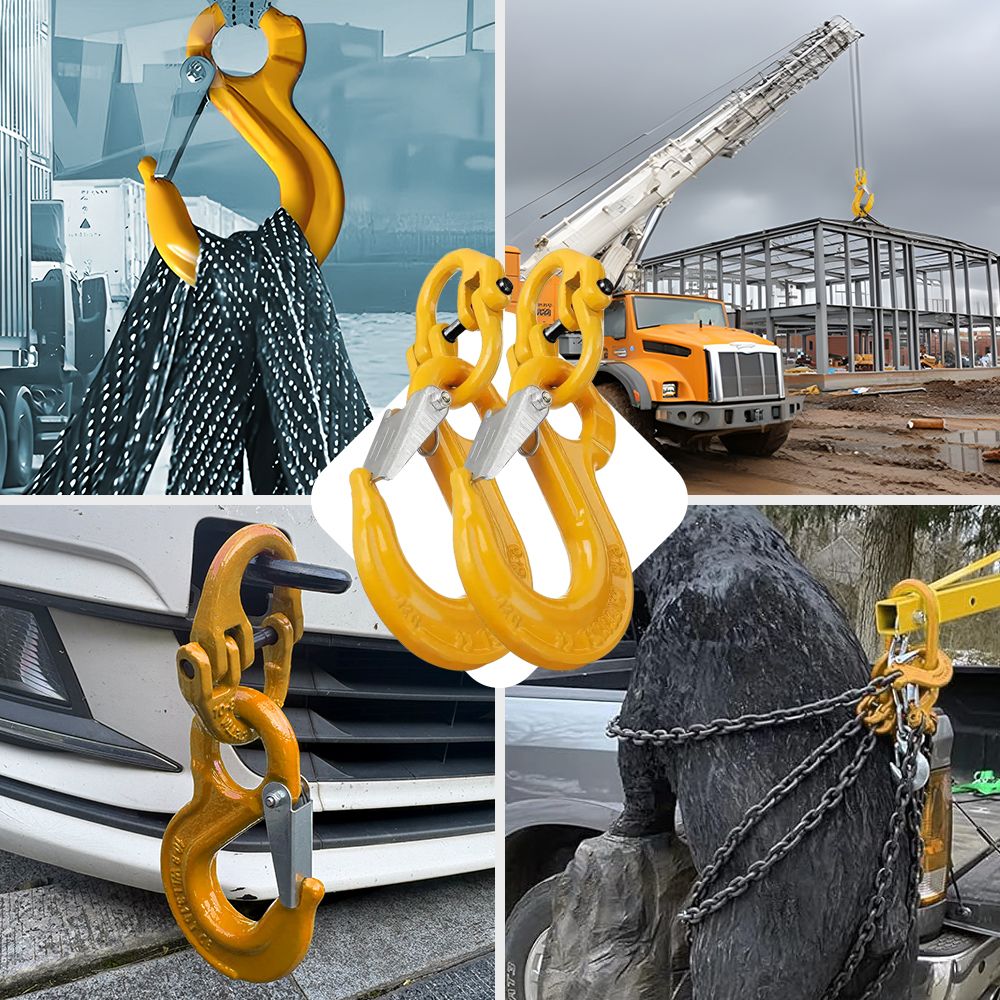2SETS 2T Sling Hook With Hammerlock Heavy Duty Safety Latch Swivel Winch Hook For Trailer Safety Chain-Yellow - Image 7