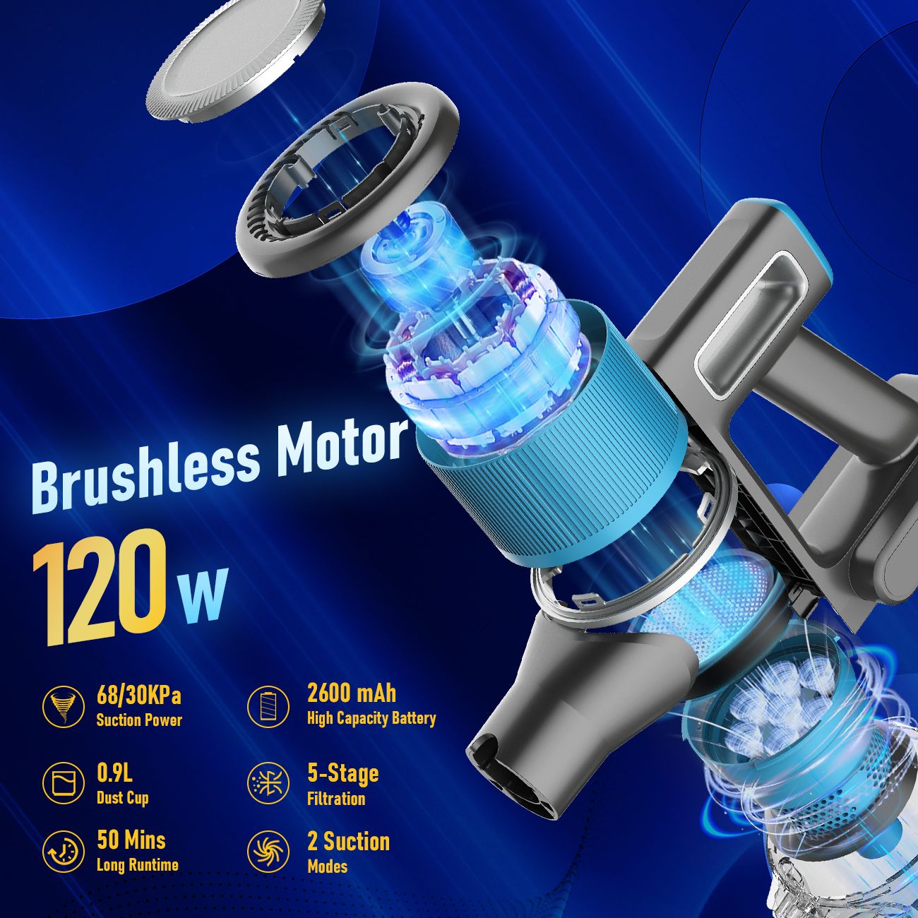 8-in-1 Cordless Vacuum Cleaner 2 Modes Anti-Tangle Brush For Pet Hair On Hardwood Floors & Carpets - Image 4