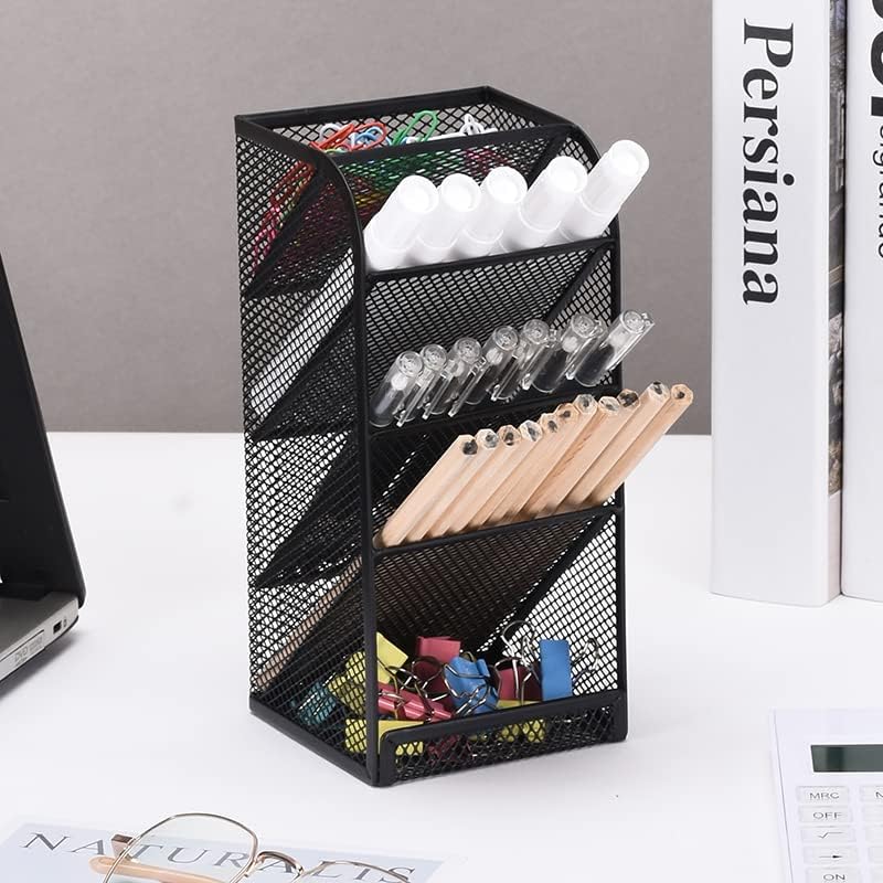 Modern Metal Mesh Pencil Holder, 5-Compartment Desk Organiser, Black Angled Pen Holder - Image 1