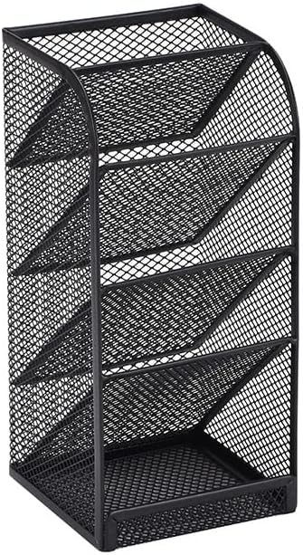 Modern Metal Mesh Pencil Holder, 5-Compartment Desk Organiser, Black Angled Pen Holder - Image 3