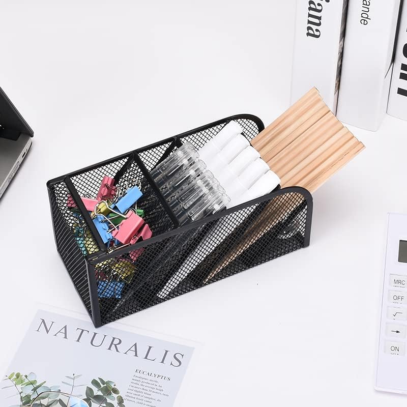 Modern Metal Mesh Pencil Holder, 5-Compartment Desk Organiser, Black Angled Pen Holder - Image 4