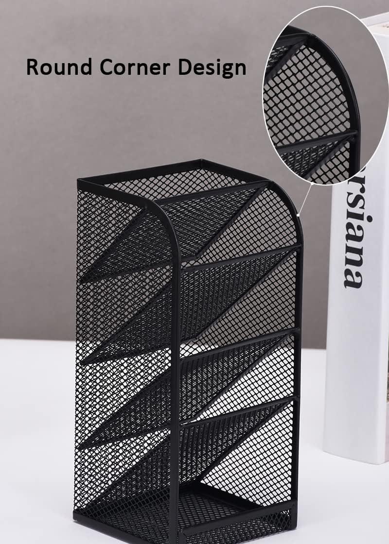 Modern Metal Mesh Pencil Holder, 5-Compartment Desk Organiser, Black Angled Pen Holder - Image 5