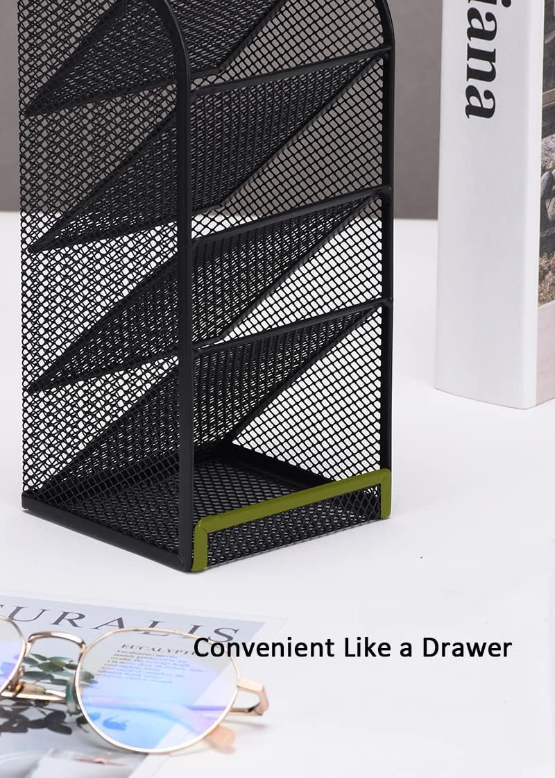 Modern Metal Mesh Pencil Holder, 5-Compartment Desk Organiser, Black Angled Pen Holder - Image 6