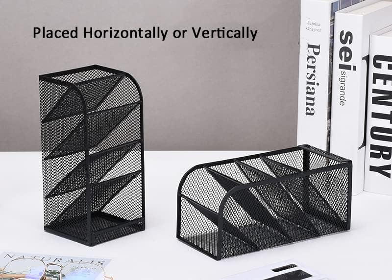 Modern Metal Mesh Pencil Holder, 5-Compartment Desk Organiser, Black Angled Pen Holder - Image 7