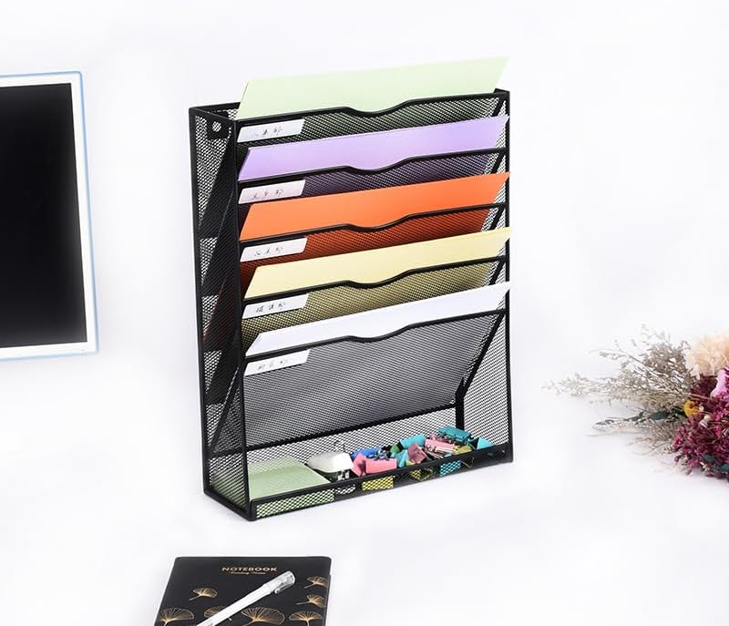 6 Tier Desktop File Organiser, Wall Mount Magazine Rack, Mesh Desk Organizer, Vertical Hanging Document Tray for Stationery, Mail, Paper and Letter Envelope, Book Holder - Image 1