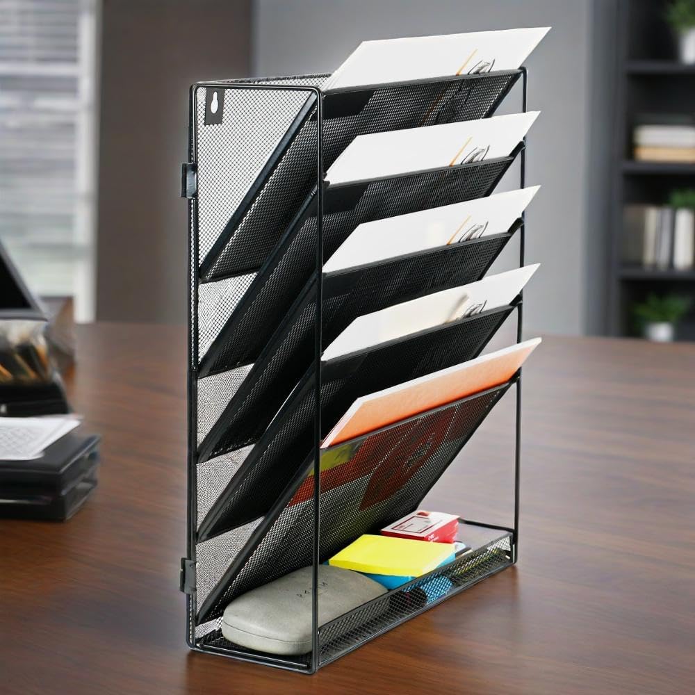 6 Tier Desktop File Organiser, Wall Mount Magazine Rack, Mesh Desk Organizer, Vertical Hanging Document Tray for Stationery, Mail, Paper and Letter Envelope, Book Holder - Image 3