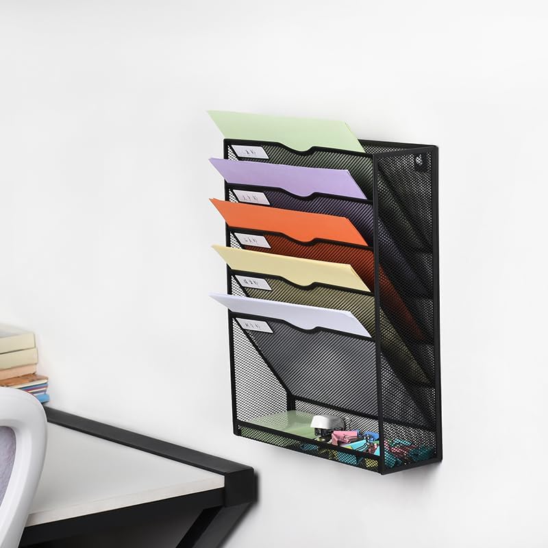 6 Tier Desktop File Organiser, Wall Mount Magazine Rack, Mesh Desk Organizer, Vertical Hanging Document Tray for Stationery, Mail, Paper and Letter Envelope, Book Holder - Image 4