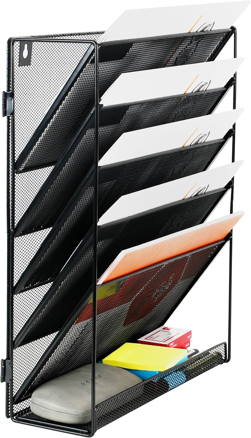 6 Tier Desktop File Organiser, Wall Mount Magazine Rack, Mesh Desk Organizer, Vertical Hanging Document Tray for Stationery, Mail, Paper and Letter Envelope, Book Holder - Image 5