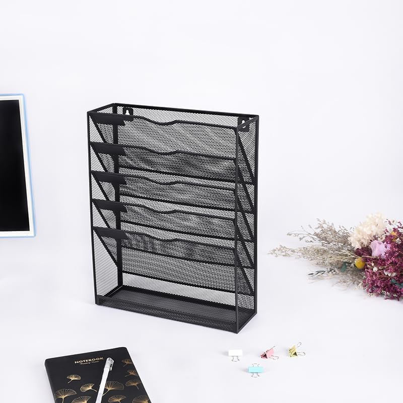 6 Tier Desktop File Organiser, Wall Mount Magazine Rack, Mesh Desk Organizer, Vertical Hanging Document Tray for Stationery, Mail, Paper and Letter Envelope, Book Holder - Image 6