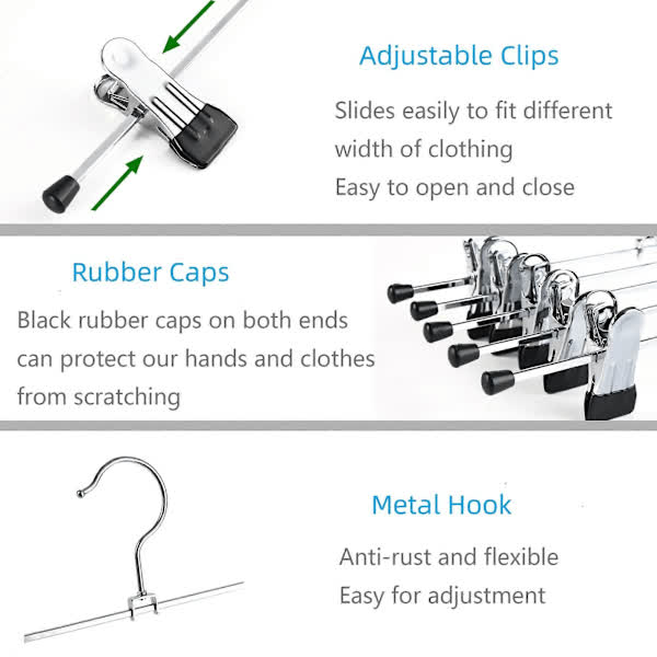 40cm Chrome Iron Clothes Hangers with Non-Slip Clips, 10-Pack Metal Trouser Hangers for Pants Shorts Skirt Socks Underwear, Silver - Image 3