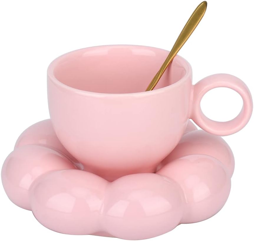 Cute Pink Ceramic Coffee Cup with Saucer Flower Spoon and Sunflower Coaster - Image 1