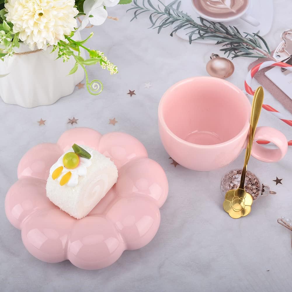 Cute Pink Ceramic Coffee Cup with Saucer Flower Spoon and Sunflower Coaster - Image 5