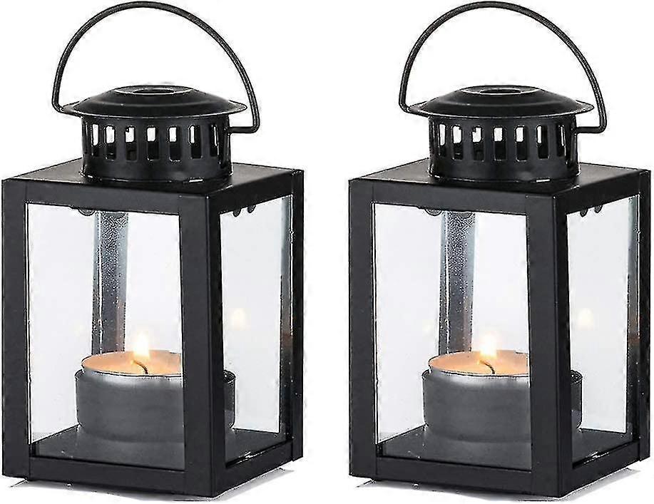Tea Light Lanterns 2pcs Vintage Style Hanging Garden Lanterns Indoor Outdoor Black Compatible with Candles Blue Light Holder - Image 1