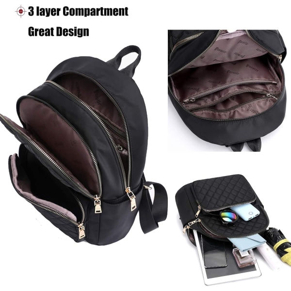 Women's Casual Backpack - Anti-Theft Nylon Small Backpack, Black - Image 2