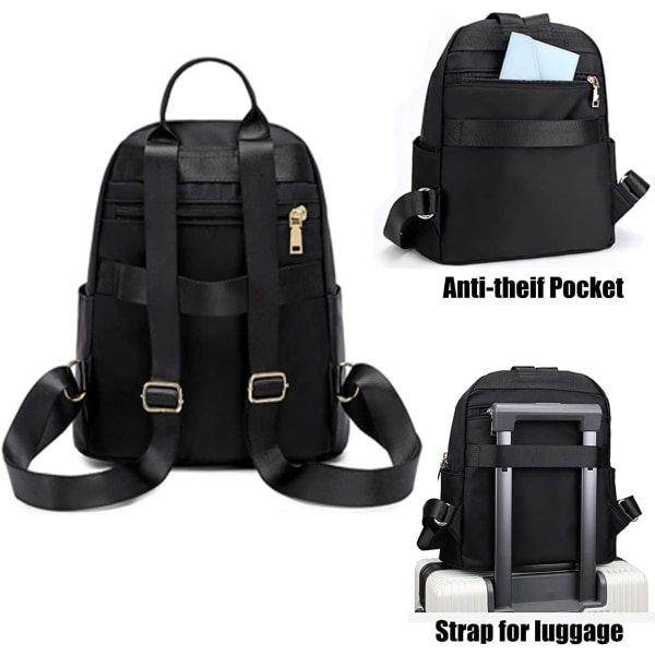 Women's Casual Backpack - Anti-Theft Nylon Small Backpack, Black - Image 4