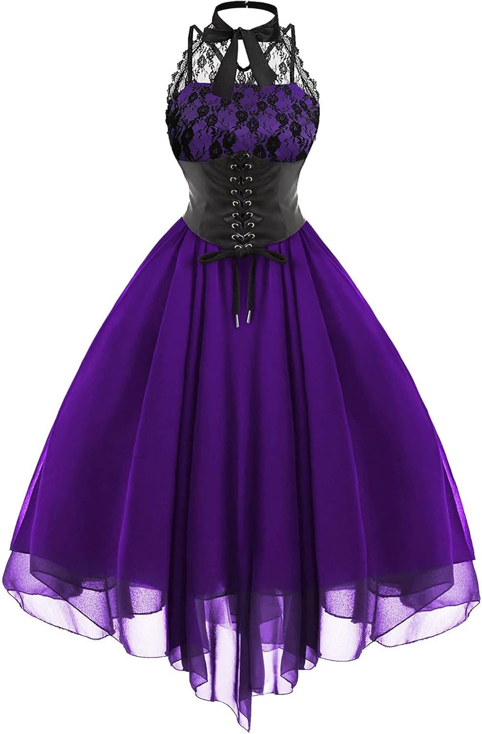 Sleeveless Gothic Lace Dress for Women 80s Party Dress Corset Halter Lace Swing Cocktail Purple XXL - Image 1