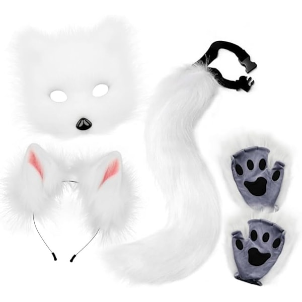 Fox Tail & Ears Set, Cat Costume with Gloves, White Halloween Cosplay Accessories white - Image 1