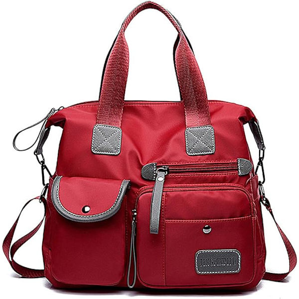 Women's Lightweight Nylon Tote Bag with Multiple Compartments and Zipper, Crossbody Shoulder Bag in Pure Red - Image 1