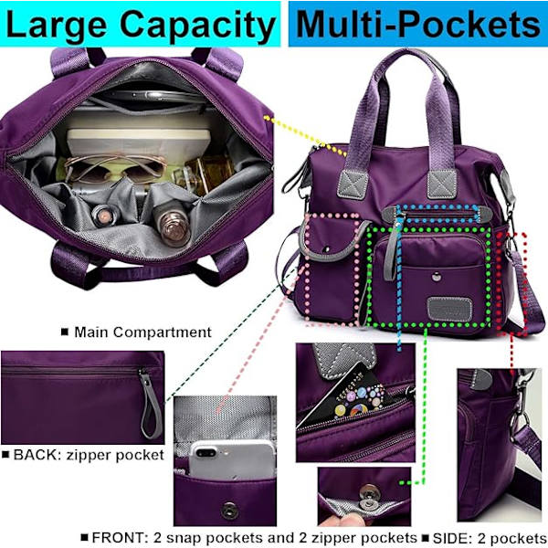 Women's Lightweight Nylon Tote Bag with Multiple Compartments and Zipper, Crossbody Shoulder Bag in Pure Red - Image 4