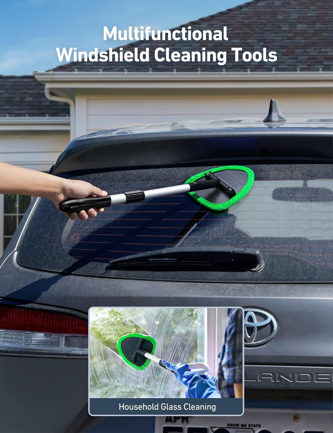 Windshield Washer Tool for Inside with 4 Reusable Washable Green Microfiber Pads - Image 3