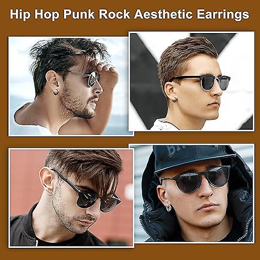 14mm Men's Titanium Steel Hoop Earrings Set - Black & Silver, Punk Rock Style - Image 5