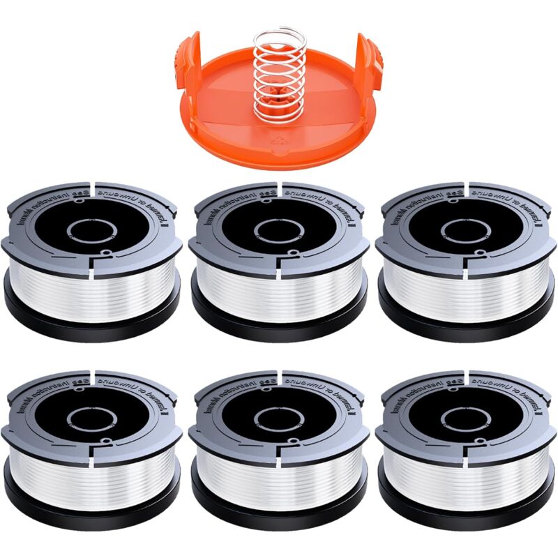 Black & Decker Trimmer Replacement Spools - 6 Pieces of 1.65mm Line, 10m Each, Includes Extra Spring & Cap - Image 1