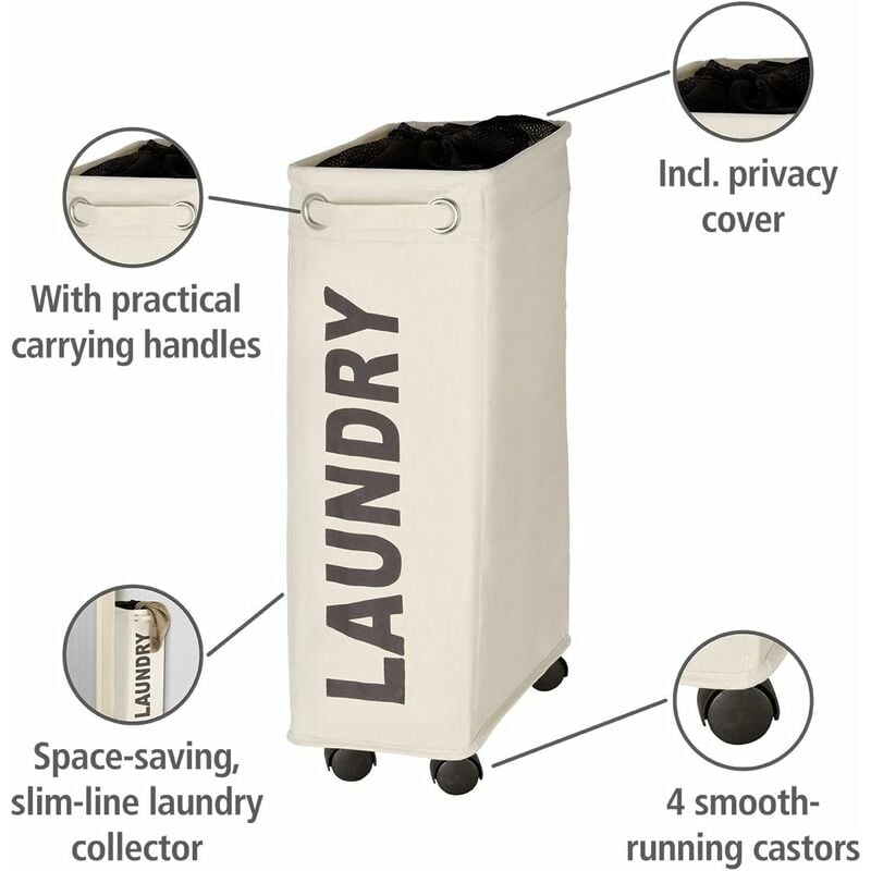 narrow laundry basket, laundry basket on wheels, Corno beige, Polyester, 43 l, 18.5 x 60 x 40 cm - Image 2