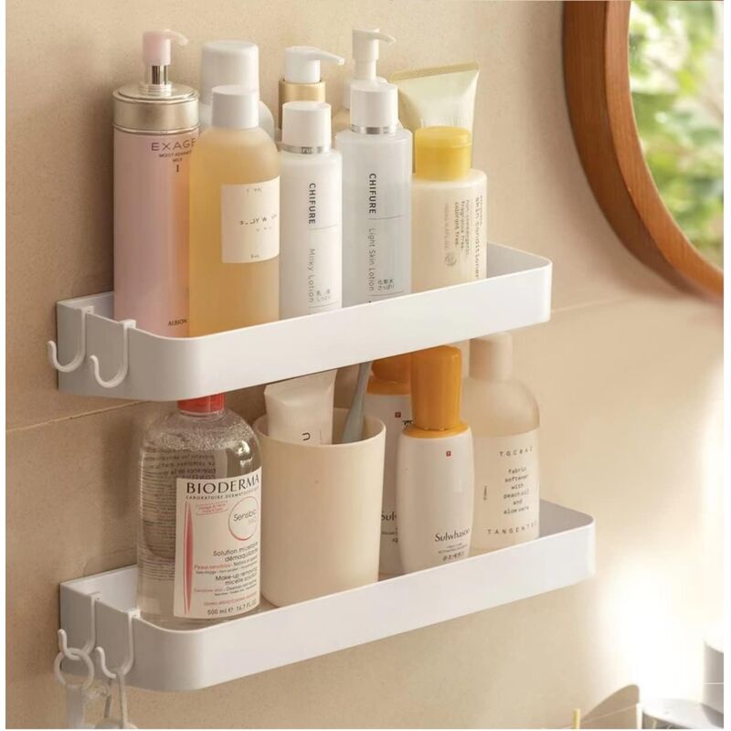 Set of 2 shower shelves, shower shelf without drilling, wall shelf with 6 removable hooks, for bathroom, kitchen, white - Image 1