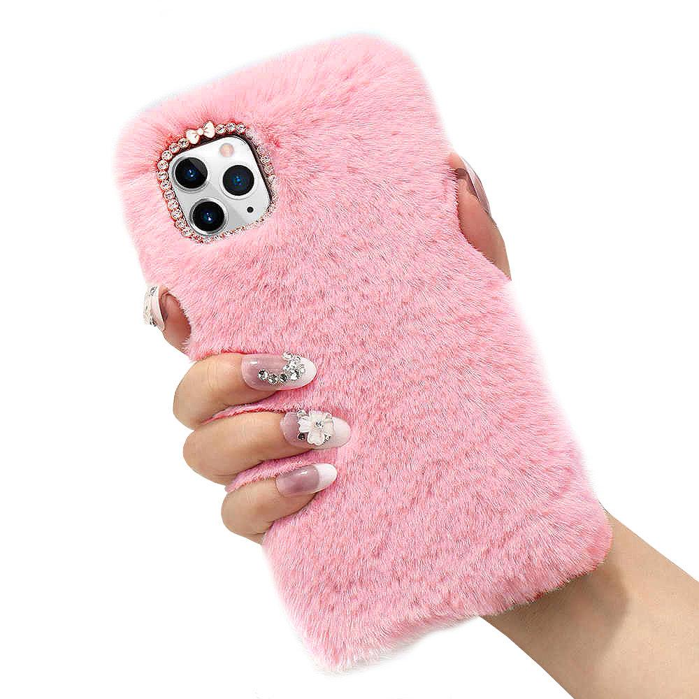 iPhone 12 Mini Fluffy Fur Pink Case, Compatible with iPhone 12 Mini, Soft Protective Mobile Phone Cover - Image 1