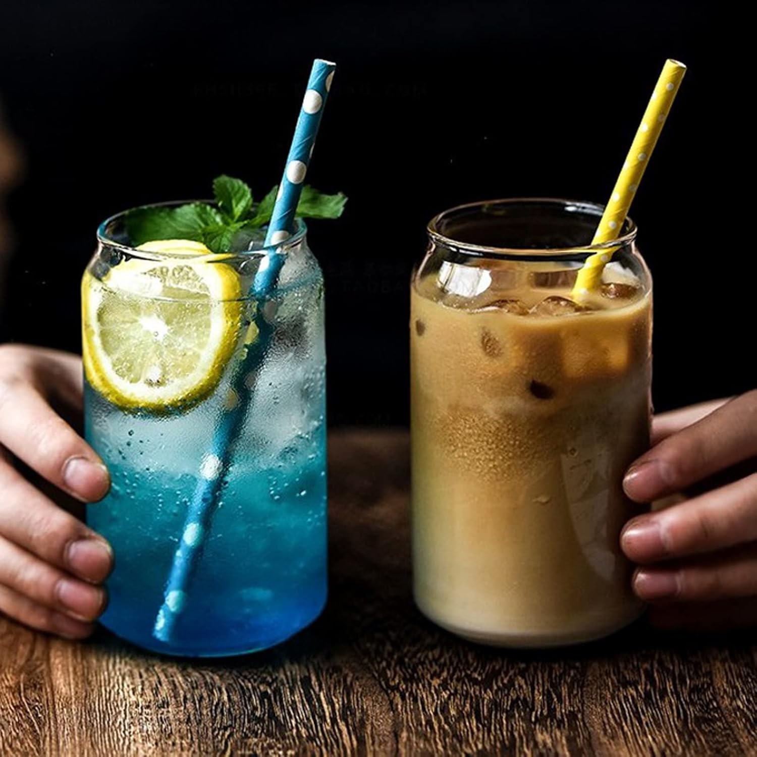 Beer Can Shaped Glass with Bamboo Lid and Straw 500ml 2 pcs for Coffee Milk Cocktail - Image 2