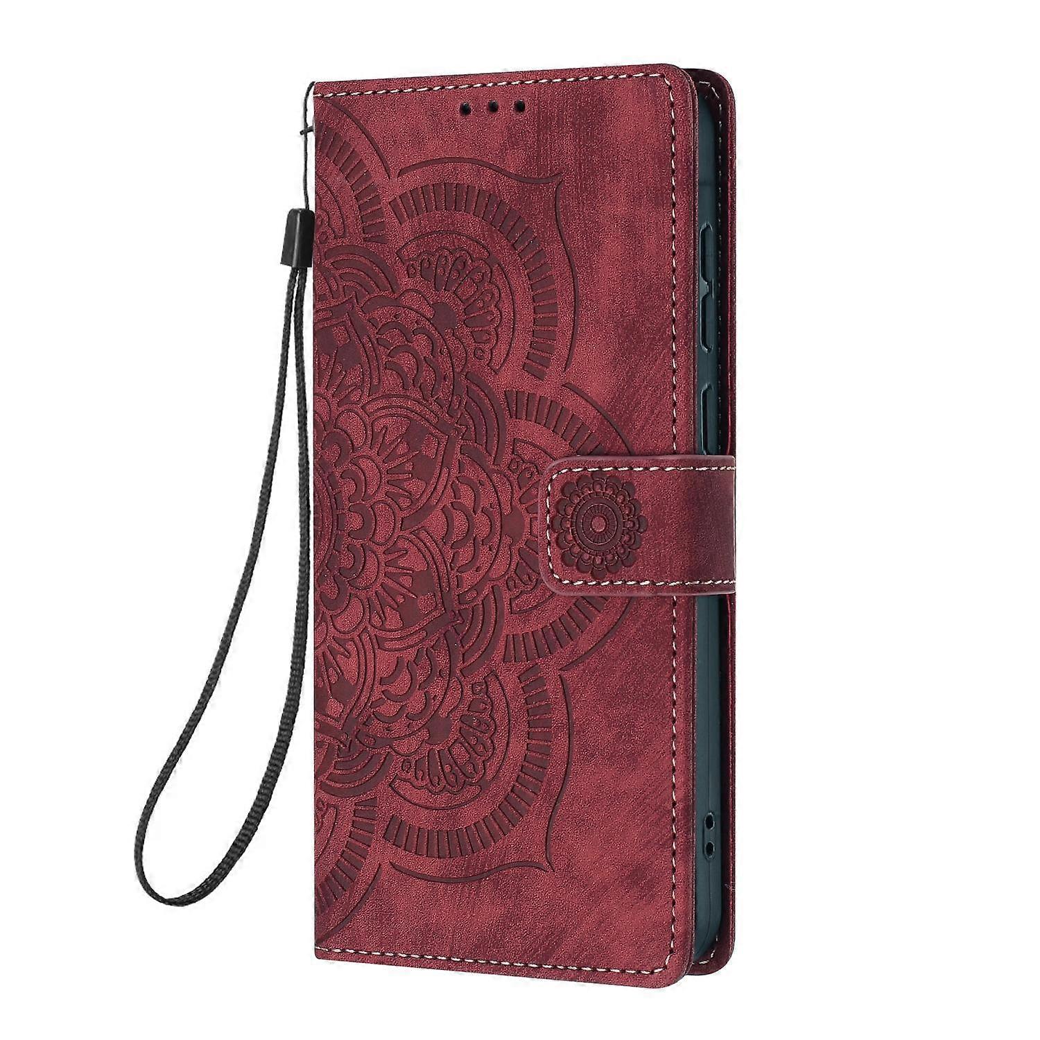 Compatible with Samsung Galaxy S21 Ultra 5G Case Red Mandala Embossed Retro Frosted Leather Phone Cover - Image 2
