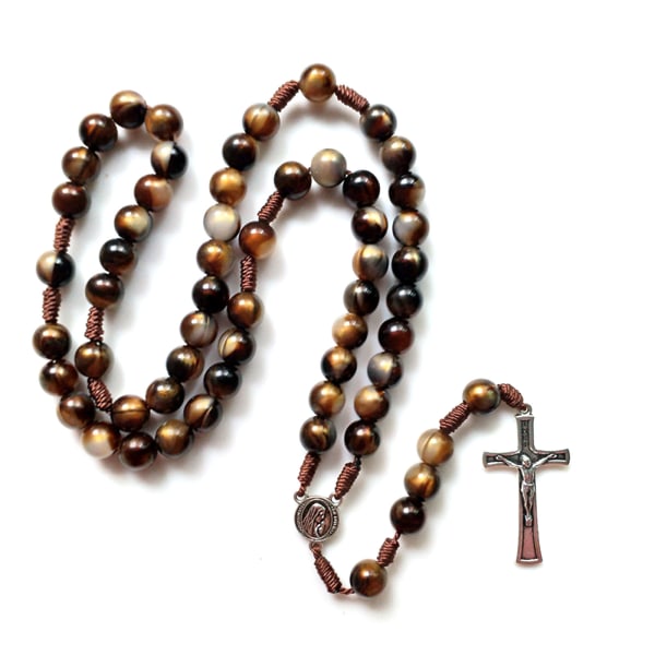 Crucifix Rosary Beads Necklace Medal Chain Pendant Necklace Brown Acrylic Beads Long Chain Pray Jewelry Gift - Image 1