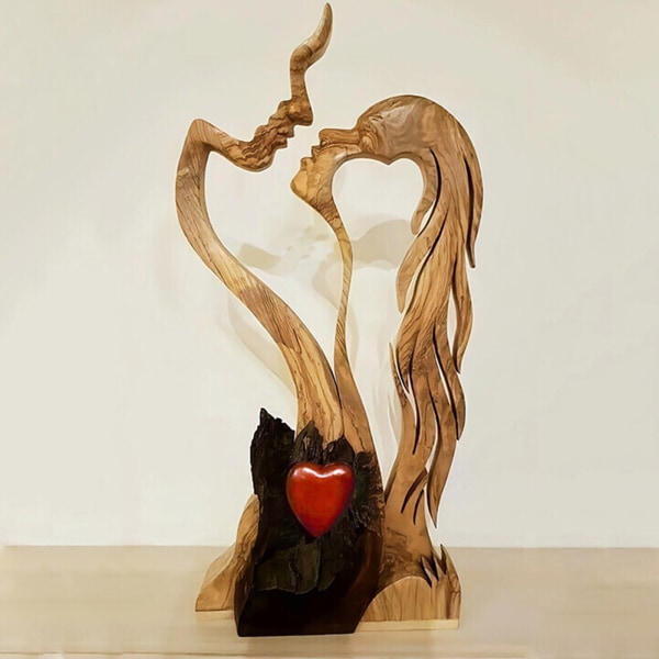 Wooden Love Heart Kissing Couple Abstract Sculpture Romantic Statue Figures - Image 3
