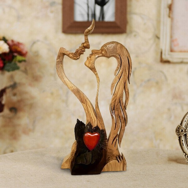 Wooden Love Heart Kissing Couple Abstract Sculpture Romantic Statue Figures - Image 4