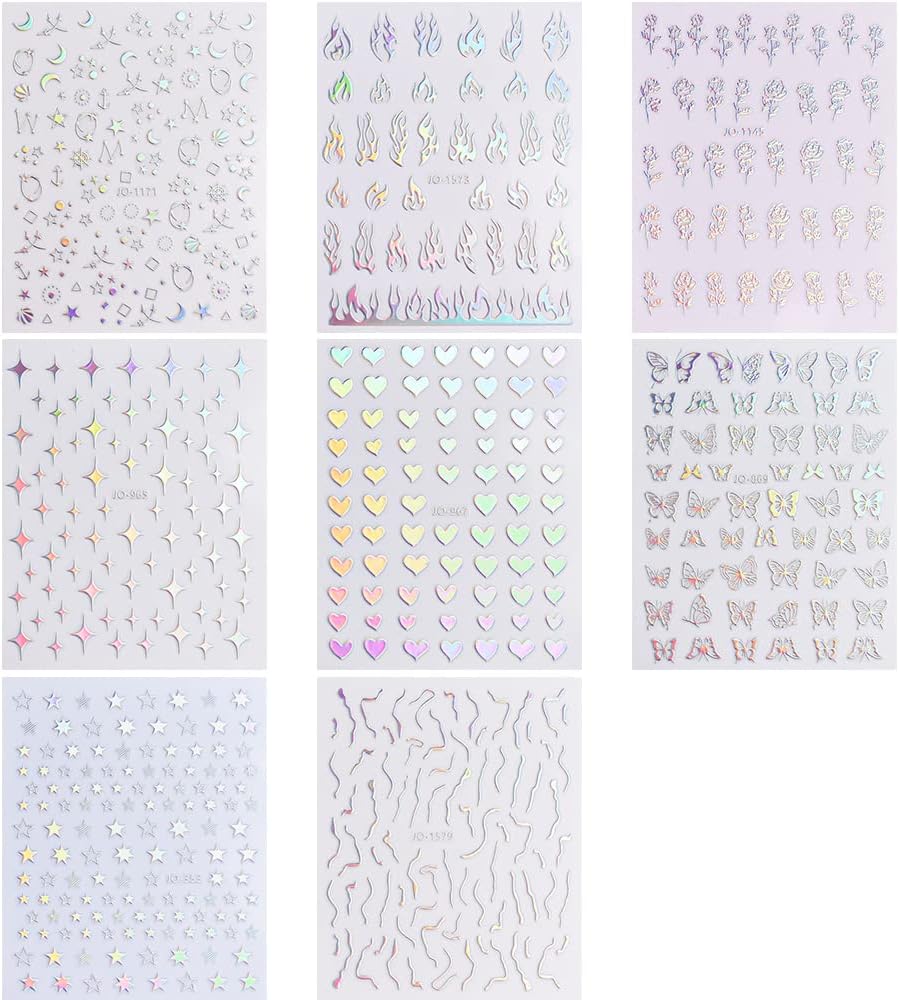 Aurora Nail Stickers 8 Sheets 3D Holographic Laser Heart Star Moon Flower Butterfly Nail Decals Self-Adhesive - Image 2