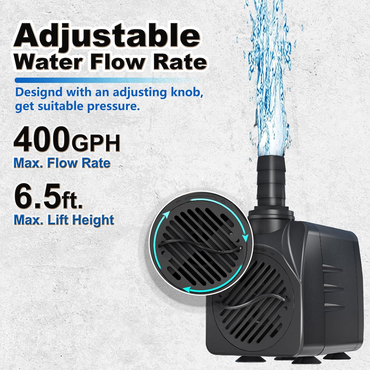 400GPH Submersible Water Pump, Ultra Quiet Fountain Pump for Ponds, Aquariums, Fish Tanks and Hydroponics. Adjustable Flow with 10ft Power Cord. - Image 2