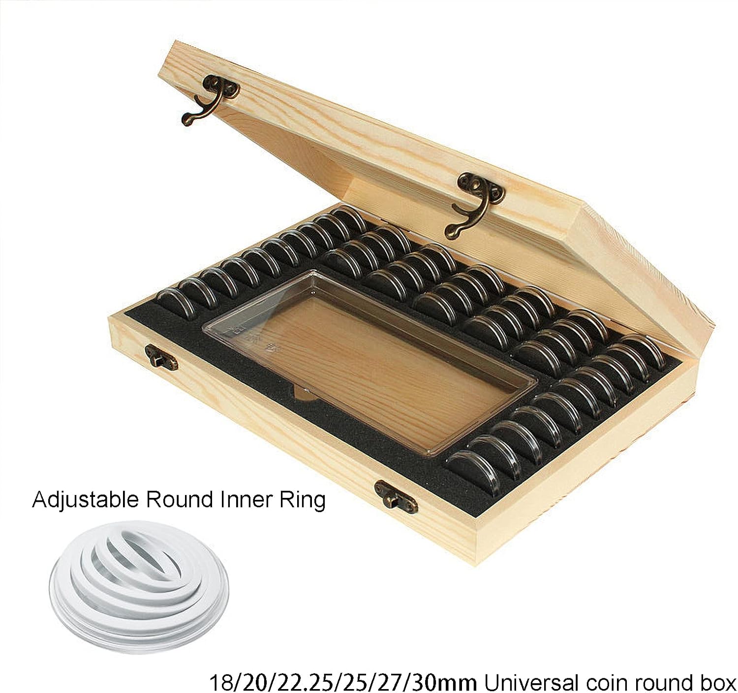 Wooden Coin Capsules Holder Case, Coin Storage Box Banknotes Collection Holder with Lock, Coin Collector Organizer Coin Display Commemorative Case for 40 Coins and 100 Banknotes - Image 3