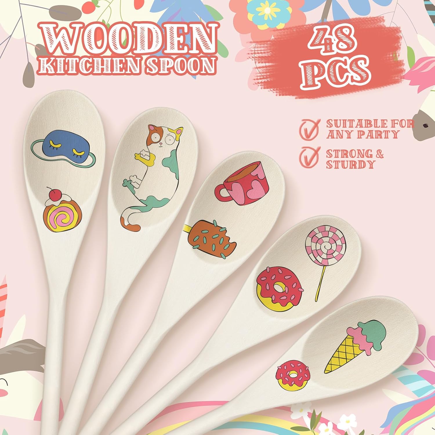 48 Pcs 8, 10, 12 Inch Wooden Spoons Gifts for Mom Oval Wooden Cooking Spoons Set Wood Serving Spoon Sauce Soup Stirring Ladle for Kitchen Cooking Baking Stirring Eating Tasting Cookware - Image 3