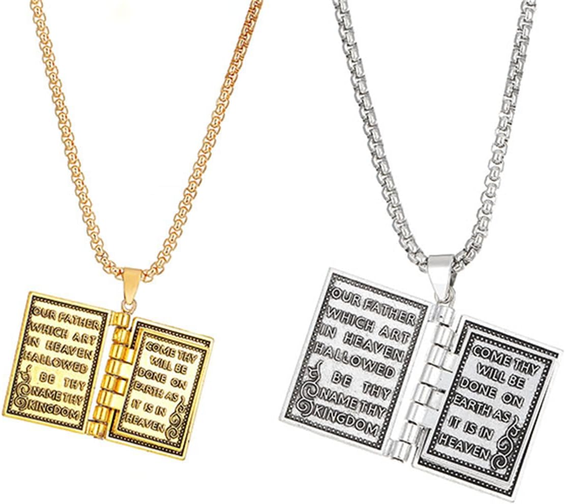 2PCS Holy Bible Book Pendant Necklace for Women Men Fashion Retro Scripture Miniature Readable Bible Openable Prayer Verse Adjustable Chain Necklace Christmas Charm Jewelry - Image 1