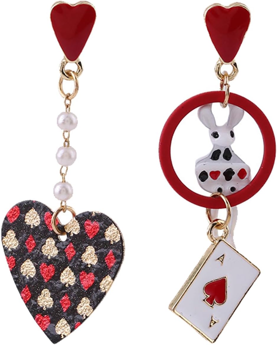 Playing Card Earrings for Women Red Heart Queen Poker Earrings Delicate Fashion Asymmetric Rabbit Love Heart Pearl Poker Dangle Drop Earrings Gambling Casino Chic Jewelry - Image 1