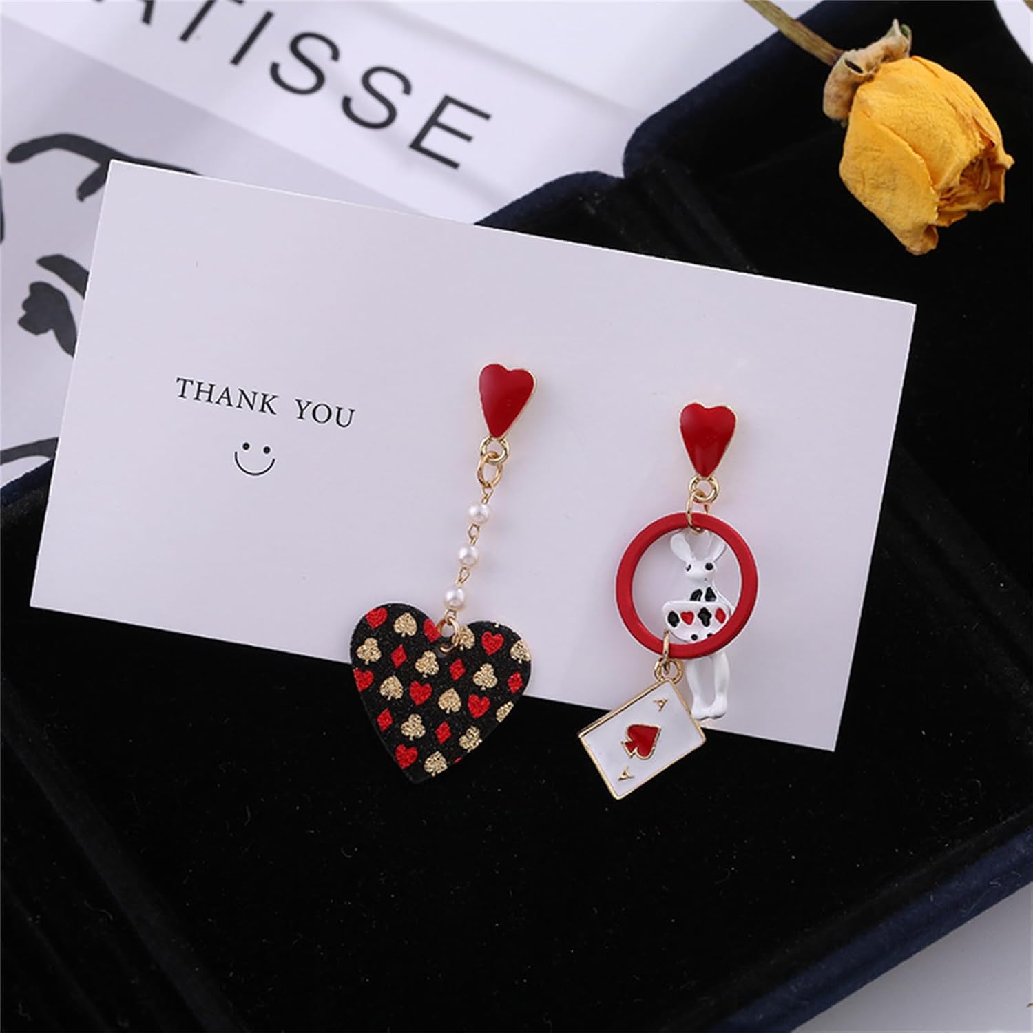 Playing Card Earrings for Women Red Heart Queen Poker Earrings Delicate Fashion Asymmetric Rabbit Love Heart Pearl Poker Dangle Drop Earrings Gambling Casino Chic Jewelry - Image 4