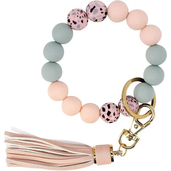 Key Ring Bracelet Car Keychain Holder Wristlet Silicone Women Beaded Bangle Chains - Image 1