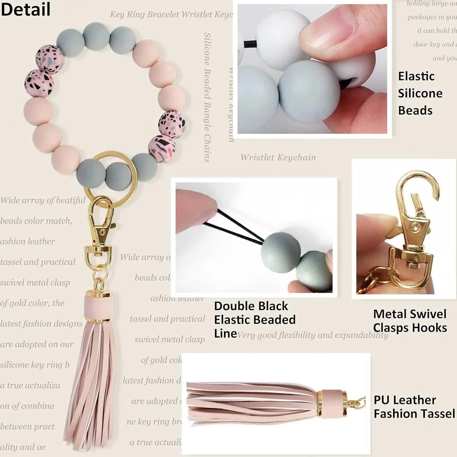 Key Ring Bracelet Car Keychain Holder Wristlet Silicone Women Beaded Bangle Chains - Image 3