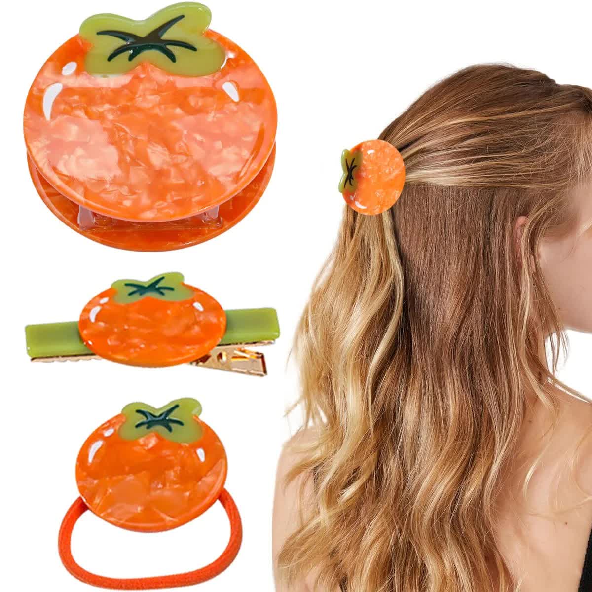 3 PCS Orange Persimmon Hair Clip Fruit Claw Clips Acetate Claw Clip Orange Shape Cellulose Acetate Hair Clips Small Hairpin Cute Fruit Hair Claws Funny Persimmon Hair Clip for Women Girls - Image 1